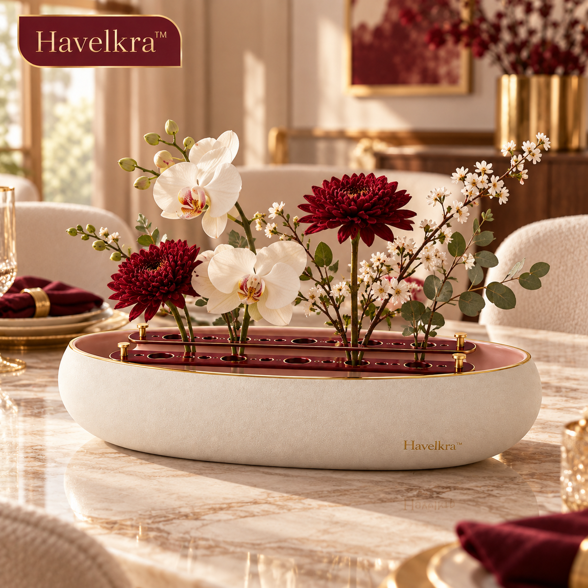 Havelkra™ Sculptural Low-Profile Centerpiece Vase with Sliding Stem Bridges