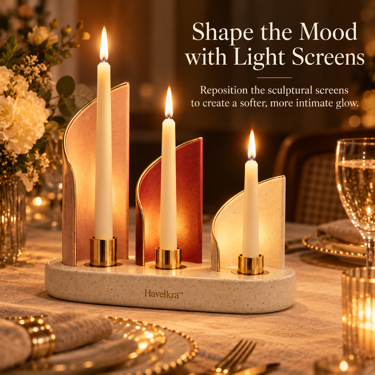 Havelkra™ Sculptural Ceramic Candle Holder with Repositionable Light Screens