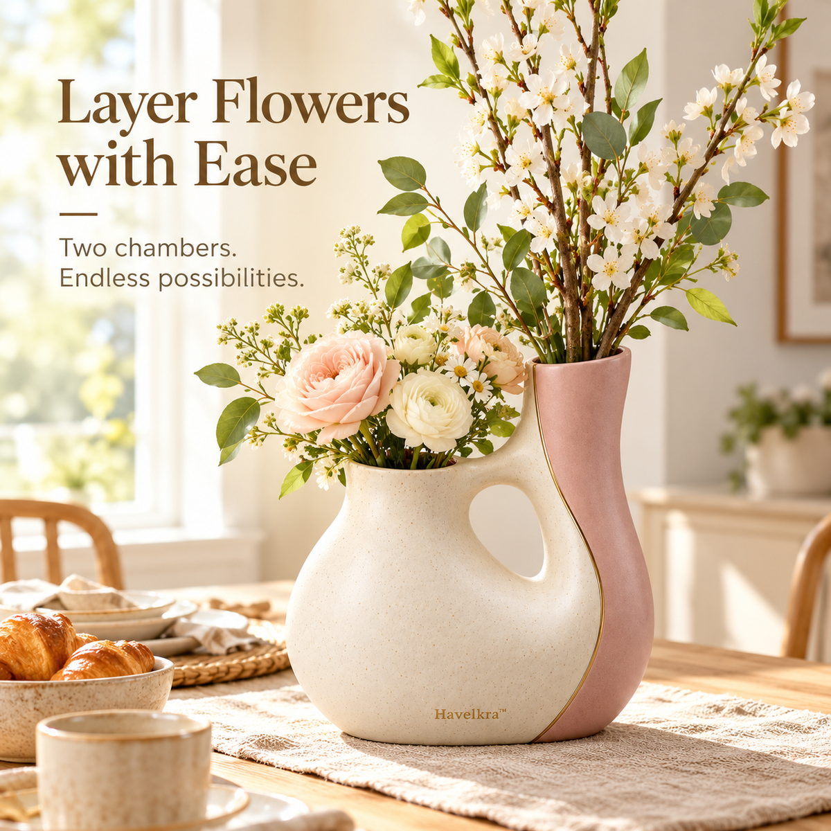 Havelkra™ Sculptural Dual-Chamber Ceramic Vase with Adjustable Floral Display