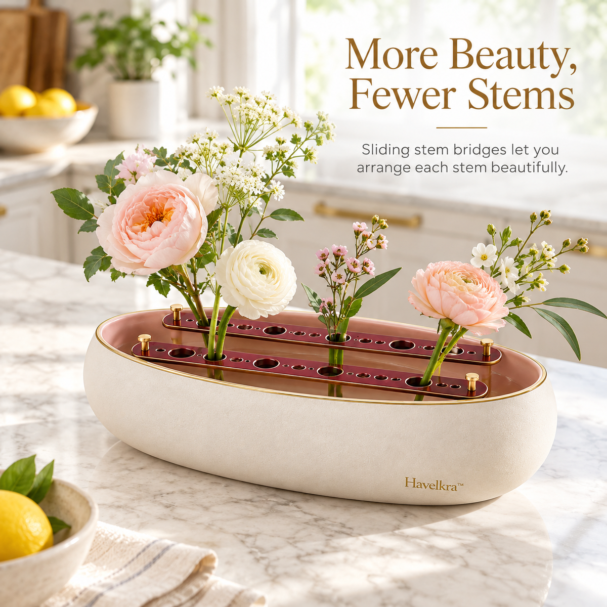 Havelkra™ Sculptural Low-Profile Centerpiece Vase with Sliding Stem Bridges