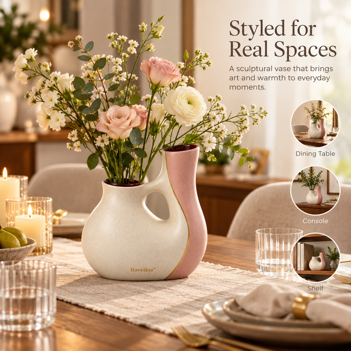 Havelkra™ Sculptural Dual-Chamber Ceramic Vase with Adjustable Floral Display