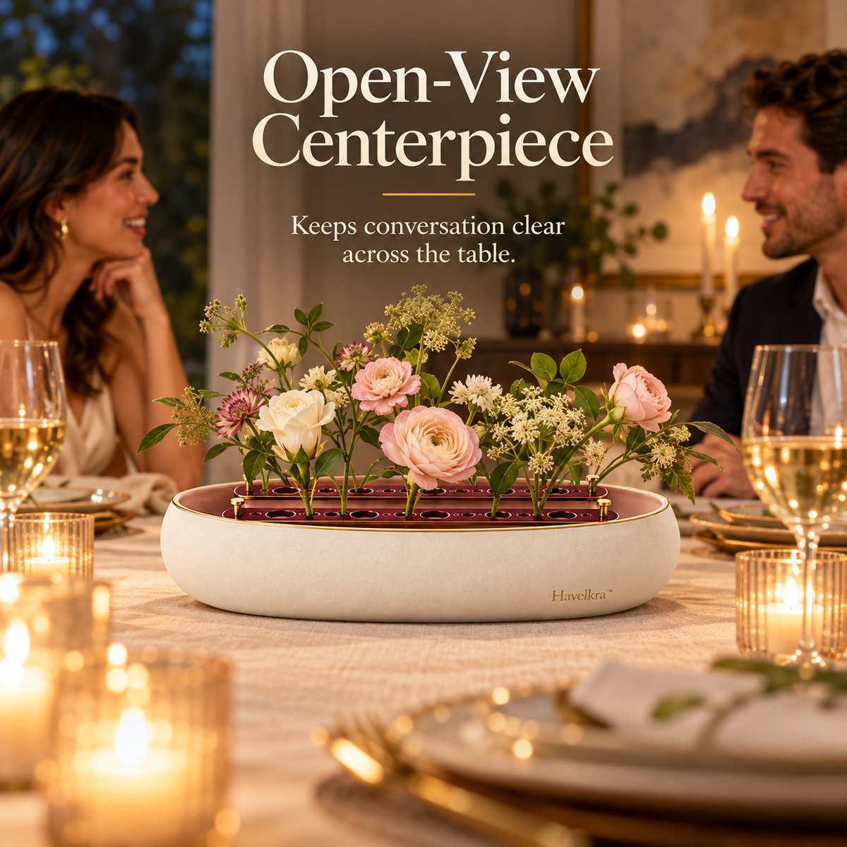 Havelkra™ Sculptural Low-Profile Centerpiece Vase with Sliding Stem Bridges