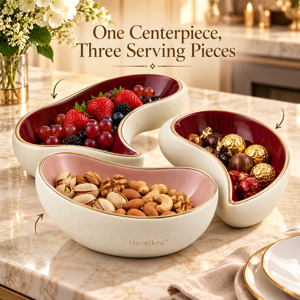 Havelkra™ Sculptural Interlocking Fruit Bowl with Three-Piece Serving Form